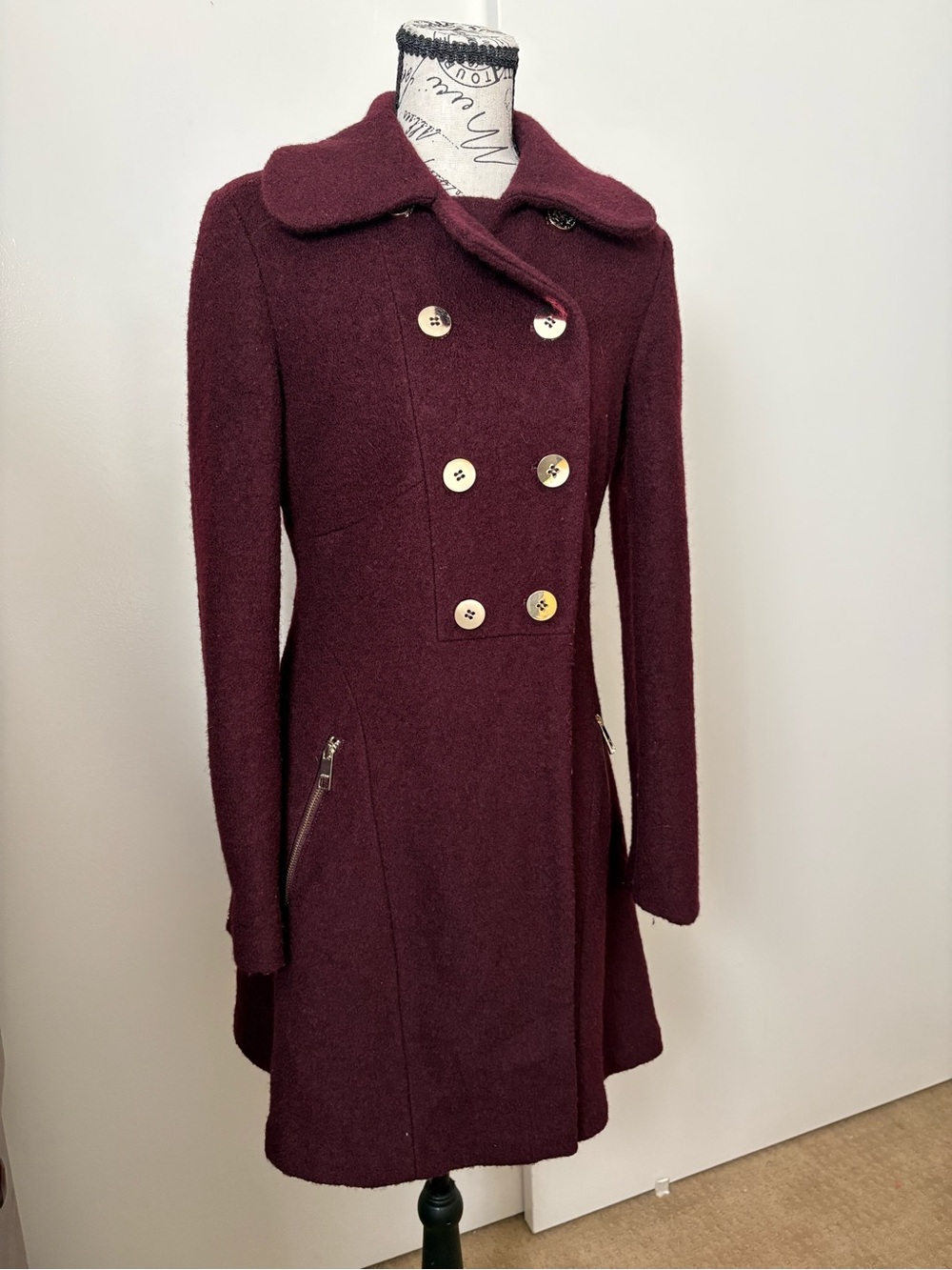 Guess Double-Breasted Pea Coat in Burgundy
